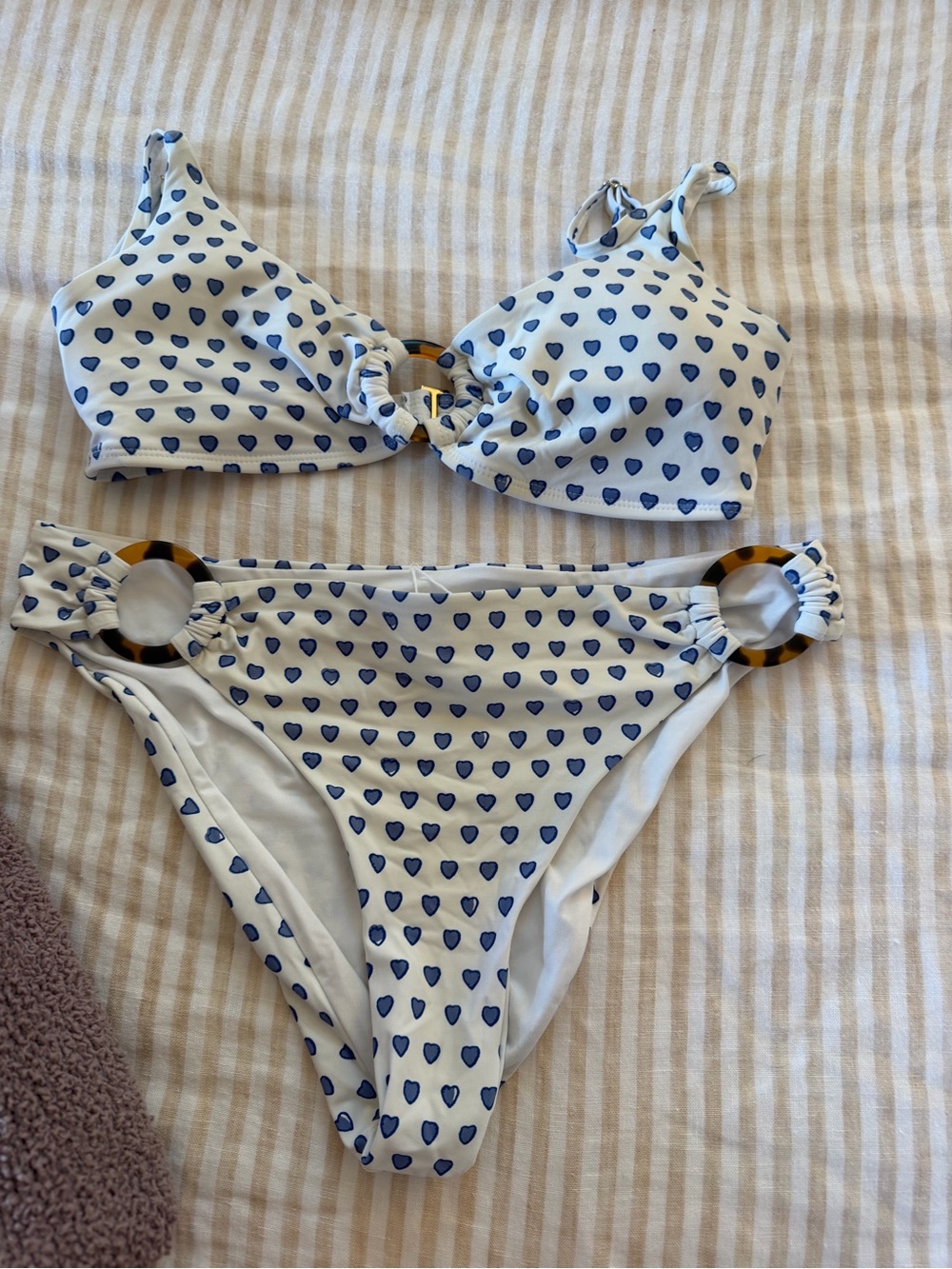 Roller Rabbit White Bikini with Blue Heart Print and Tortoiseshell Rings